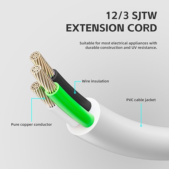 12 Gauge Indoor Outdoor White Extension Cord Heavy Duty 10 FT, 12 AWG SJTW - Image 6