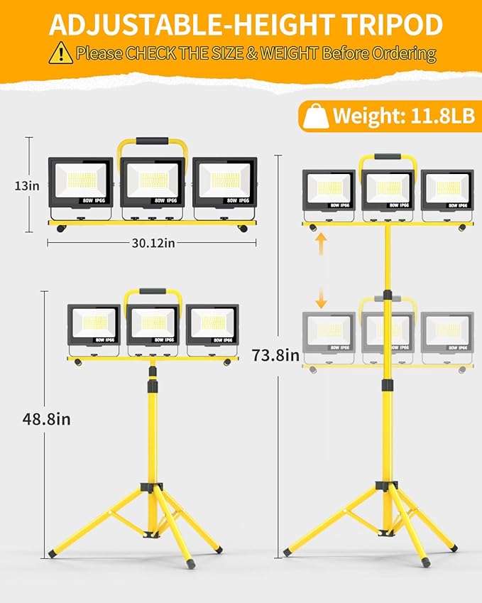 26400LM LED Work Lights with Stand, 3 Adjustable Head Portable Worklight with - Image 6