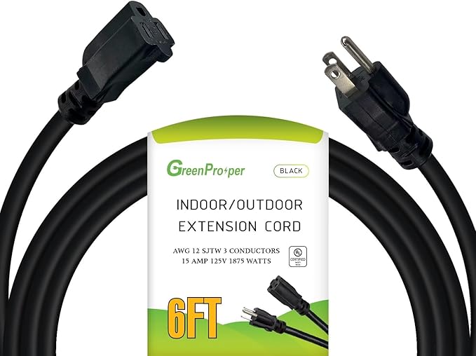 12 Gauge Indoor Outdoor Heavy Duty Black Extension Cord 6 FT, 12 AWG SJTW by GreenProsper