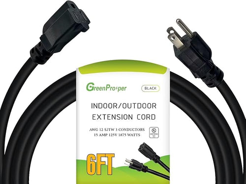 12 Gauge Indoor Outdoor Heavy Duty Black Extension Cord 6 FT, 12 AWG SJTW by GreenProsper