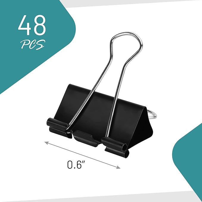 Binder Clips - 48 Mini Black Paper Clamps, 0.6 Inch, Holds 30 Pages, File Clip - Image 3