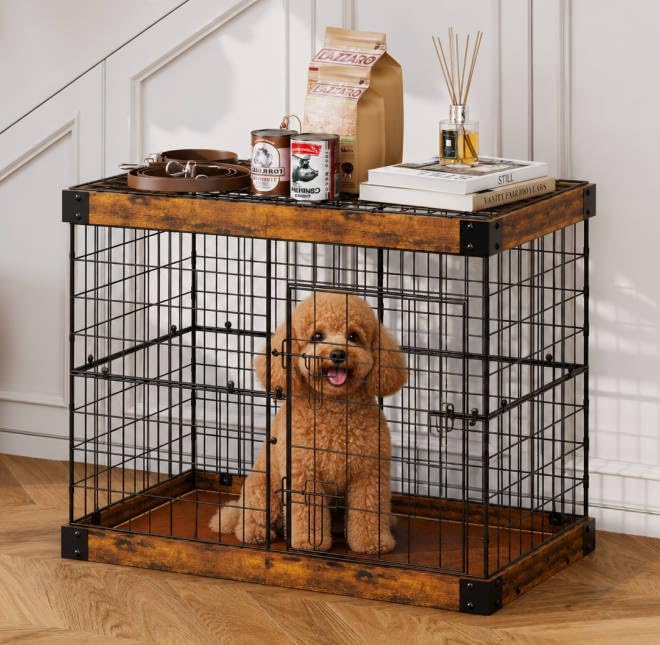 30 Inch Dog Crate Furniture with Cushion Mat for Dogs up to 30 lbs, Indoor Dog Kennel with Spacious Storage Top, Decorative Metal Dog Cage for Small Dogs by Huxitocan