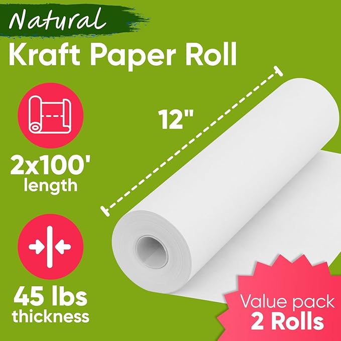 12" x 1200" White Kraft Paper Roll, 45 lbs Thickness, Made in USA Colored Kraft - Image 3
