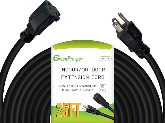 12 Gauge Indoor Outdoor Black Extension Cord Heavy Duty 25 FT, 12 AWG SJTW by GreenProsper
