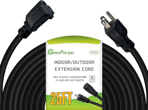 12 Gauge Indoor Outdoor Black Extension Cord Heavy Duty 25 FT, 12 AWG SJTW by GreenProsper