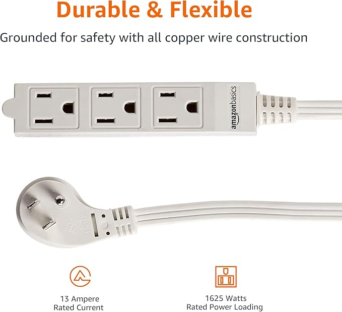 Amazon Basics 3-Prong Indoor Rectangle Extension Cord Power Strip, Flat Plug - Image 2