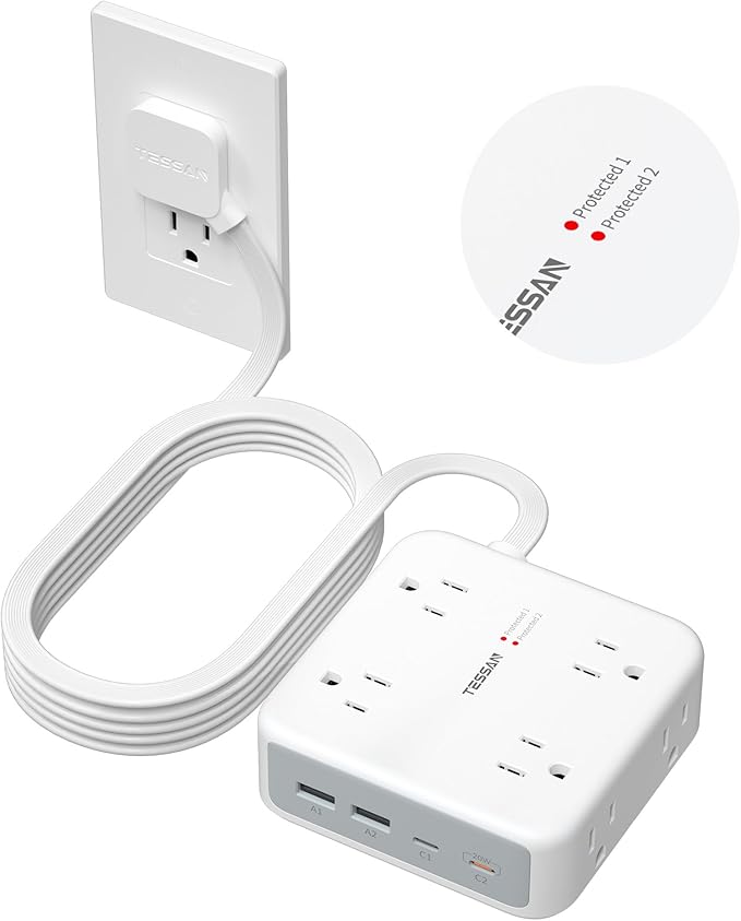 TESSAN Surge Protector Power Strip, 15 Ft Extension Cord Flat Wall Plug by TESSAN
