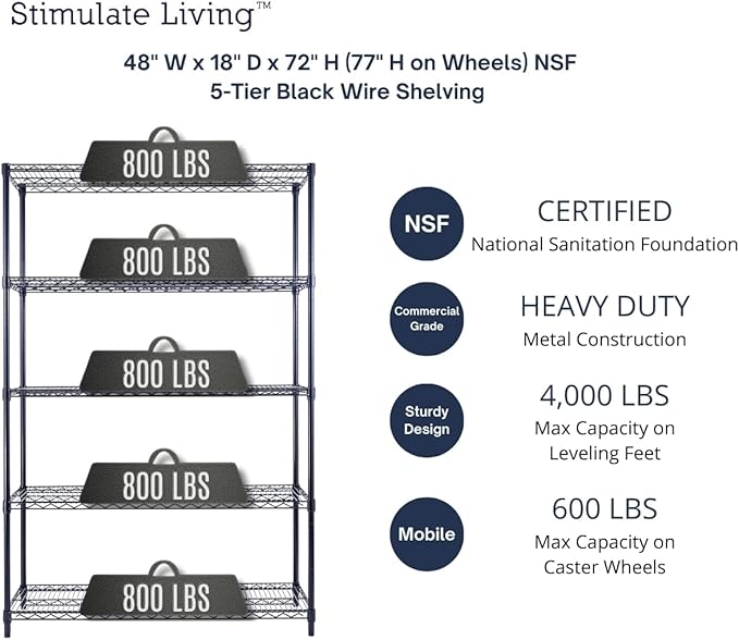 48"x18"x72" PRIME HEAVY DUTY Black 5-Tier Wire Shelving NSF 4000 LBS MAX - Image 3