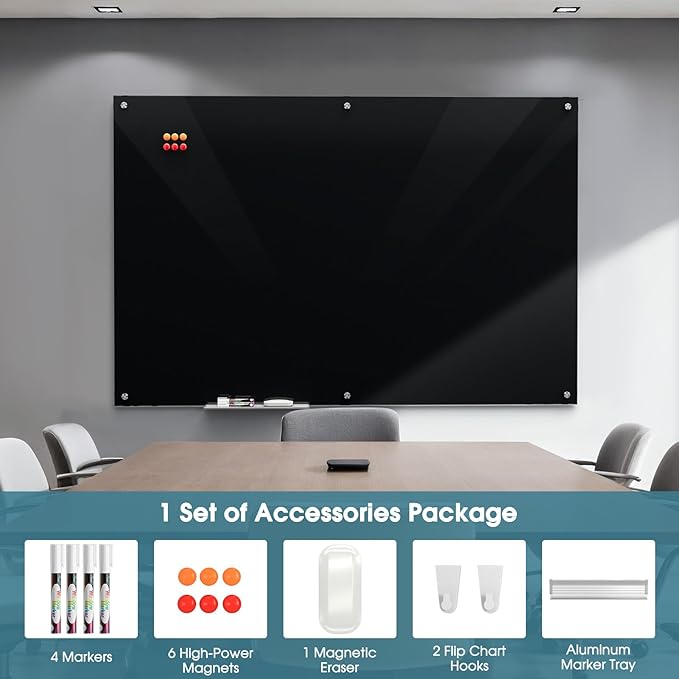MaxGear Glass Whiteboard 72" x 48" Wall Mounted, Magnetic Black Dry Erase Board - Image 3