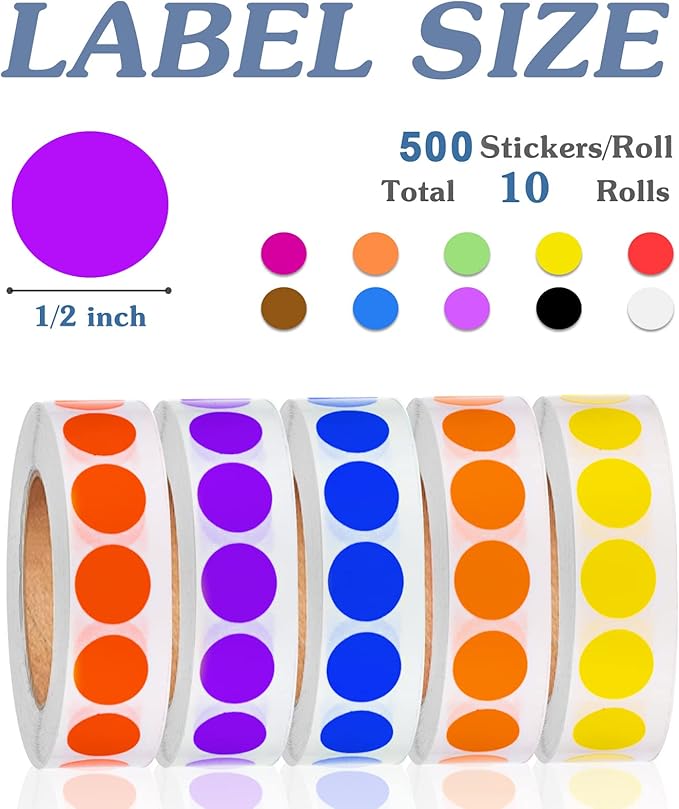 5000 PCS 1/2 Inch Solid Round Color Coding Labels Roll, Self-Adhesive Circle - Image 2