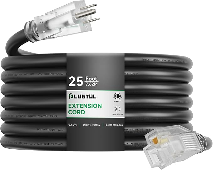 PLUGTUL 10 Gauge Extension Cord 25FT, Heavy Duty, 15A 1875W SJTW, ETL Listed by PLUGTUL
