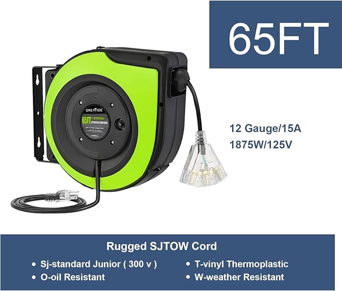Retractable Extension Cord Reel, 65 Feet 12 AWG/3C SJTOW Heavy Duty Power Cord - Image 2