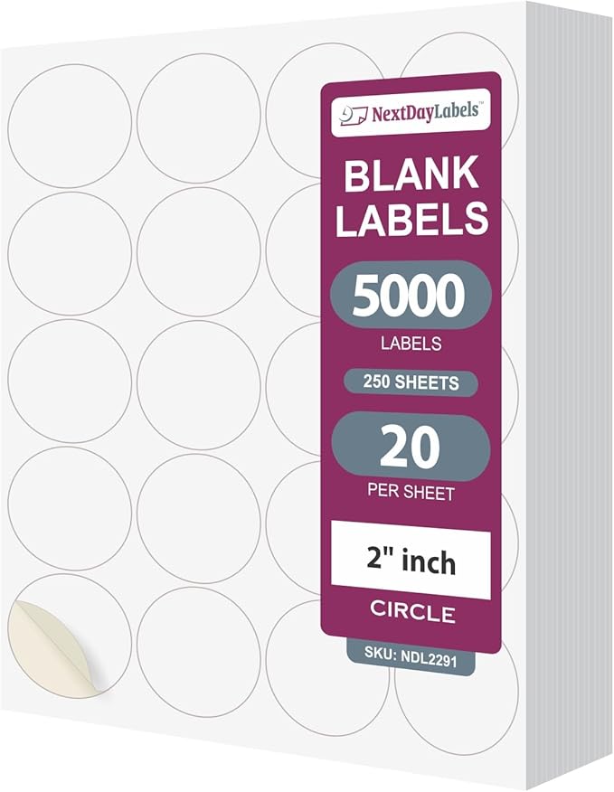 NextDayLabels - 2 Inch Round Stickers - Matte White Blank Laser/Inkjet Labels - by NextDayLabels