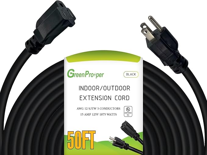 50 FT 12 Gauge Extension Cord Outdoor, Heavy Duty Weatherproof & Flame by GreenProsper