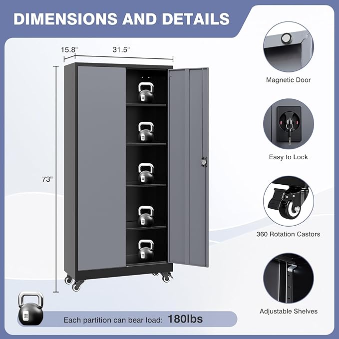 Metal Garage Cabinet with Wheels, Tall Storage Cabinet with 4 Adjustable - Image 2