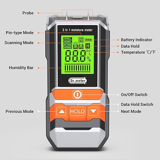 Dr.meter Wood Moisture Meter, 2 in 1 Pin & Pinless Moisture Tester, Digital - Image 7