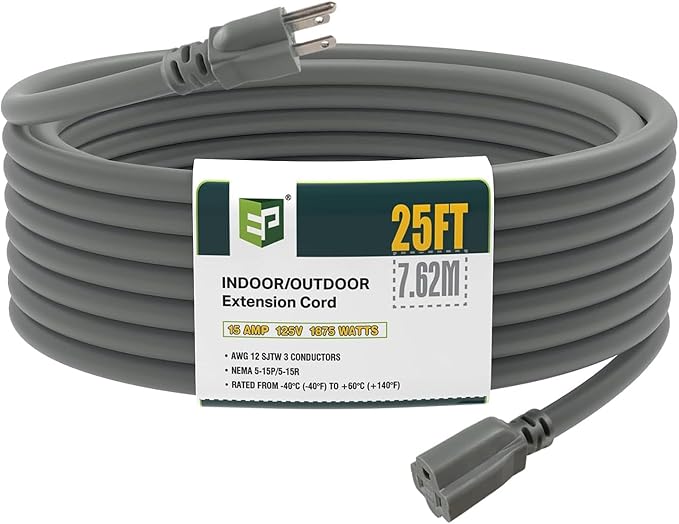 EP 25 Ft Outdoor Extension Cord, 12/3 SJTW Heavy Duty Extension Cable by ENERGYPRO
