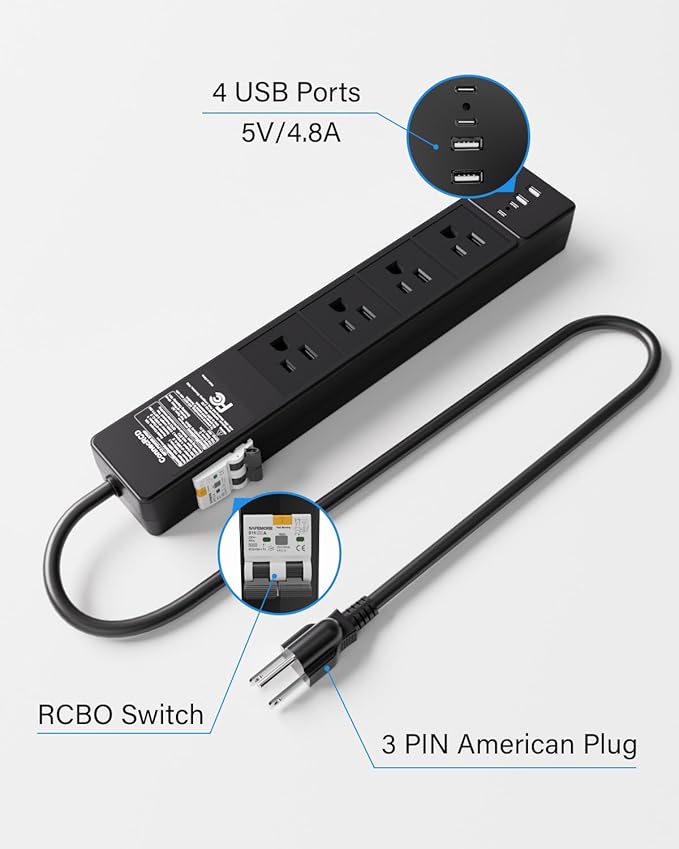 4-Outlet GFCI Power Strip with 4 USB Ports, 6FT Heavy Duty Surge Protected - Image 4