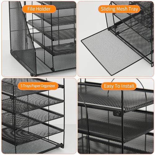 LEKETREE Desk Organizers and Accessories, 5-Tier Paper Letter Tray Organizer with File Holder, Desktop Organizer for Office Supplies (Black) - Image 6