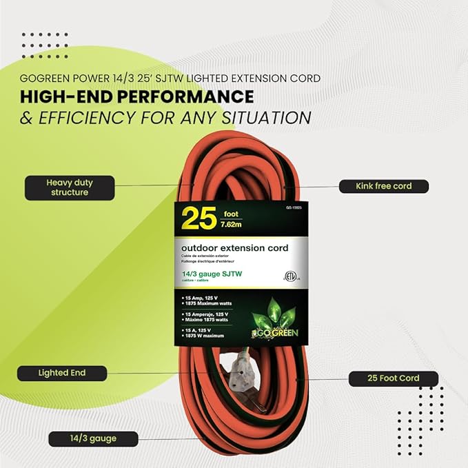 Go Green Power Inc. 14/3 SJTW Outdoor Extension Cord, Lighted Extension Cord - Image 5