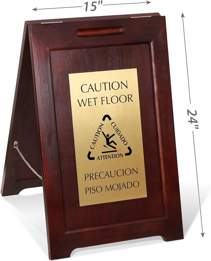 SmartSign Premium Bilingual "Caution Wet Floor" Wooden A-Frame Standing Floor - Image 7