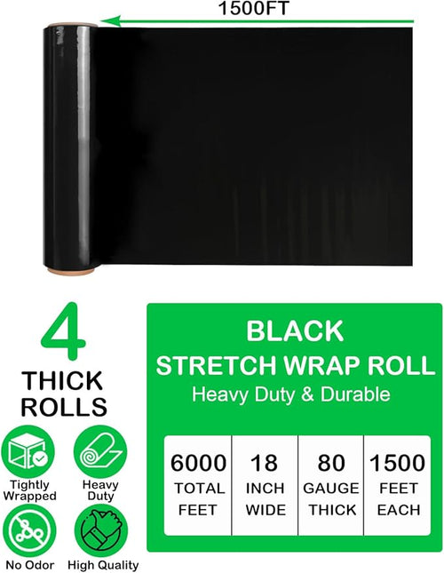 18" Black Stretch Wrap Roll, Heavy Duty 18in 1500ft Shrink Wrap Roll, 80 Gauge - Image 2