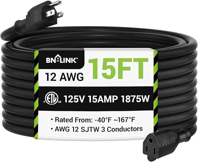 BN-LINK 15ft Outdoor Extension Cord, 12/3 SJTW Heavy Duty Power Cord, 3-Prong by BN-LINK