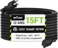 BN-LINK 15ft Outdoor Extension Cord, 12/3 SJTW Heavy Duty Power Cord, 3-Prong by BN-LINK