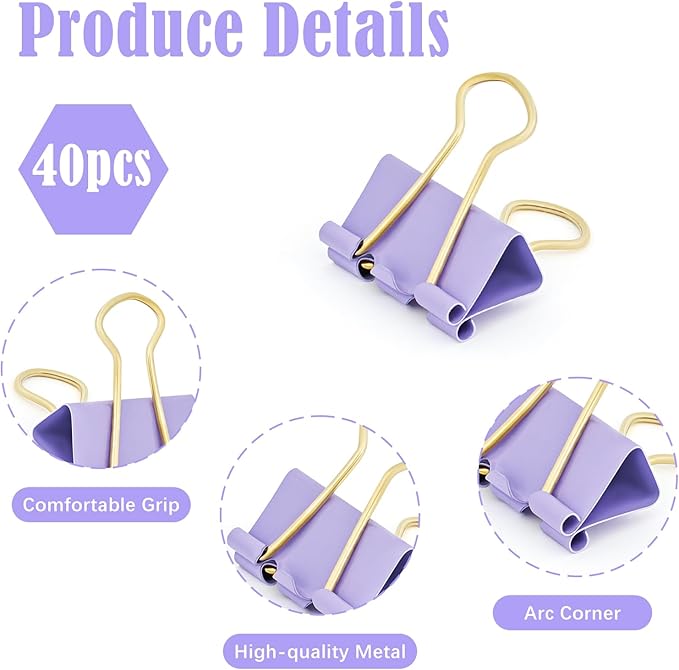 BAYTORY 40Pcs Purple Binder Clips, Binder Clips Assorted Sizes, Medium Small - Image 4