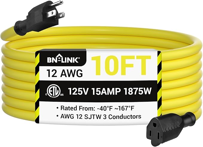 BN-LINK 10ft Outdoor Extension Cord, 12/3 SJTW Heavy Duty Power Cord, 3-Prong by BN-LINK