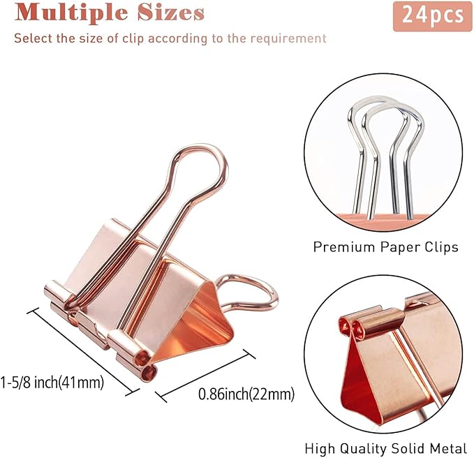 Large Rose Gold Binder Clips 1.6 inch 24 pcs, Capacity 0.66 Inch 41 mm fold - Image 2