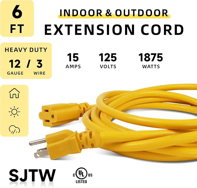 EP 6 Ft Outdoor Extension Cord, 12/3 SJTW Heavy Duty Extension Cable - Image 2