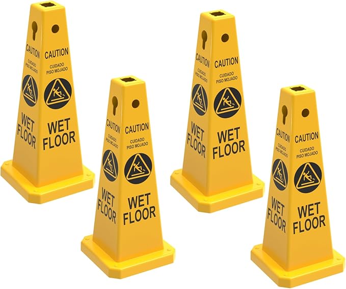 Caution Wet Floor Sign, 26.4-Inch Safety Cone, 4 Pack Yellow Plastic, by YOURSAFETYOURPRIORITY