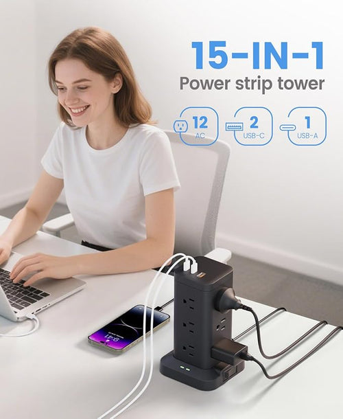 15-in-1 Power Strip Tower with Surge Protector 1800J, Fast Charging Tower PD20W - Image 2