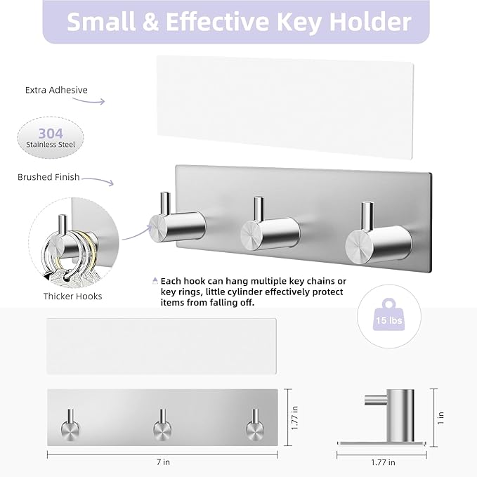 VIS'V Key Holder Wall Mount, Small Metal Self Adhesive Key Hanger - Image 3