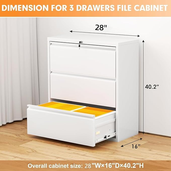 INTERGREAT 3-Drawer White File Cabinet, Locking Metal Lateral Filing Cabinets - Image 2