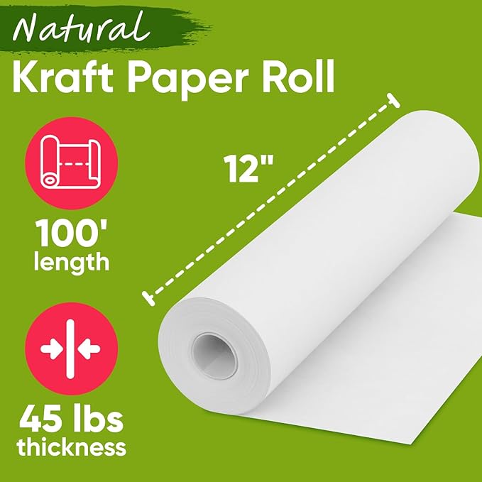 USA Made 12" x 1200" White Kraft Paper Roll, 45 lbs Thickness, American Quality - Image 2