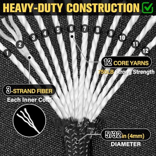 Paracord Rope 750 lb - 1000ft 5/32" Parachute Cord 4MM 12-Strand para Cord - Heavy Duty Spool String for Survival,Camping Gear, Survival Bracelet, Clothesline - Black - Image 3
