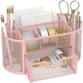 Mesh Desk Organizer with Drawer, 9-Compartment Pen Holder for Desk, Pink by SUPEASY