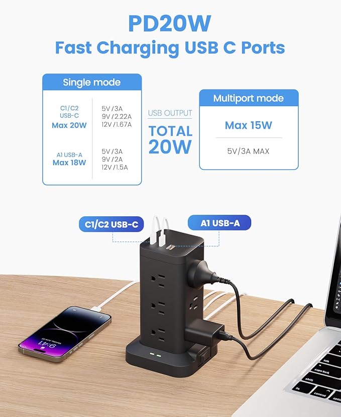 15-in-1 Power Strip Tower with Surge Protector 1800J, Fast Charging Tower PD20W - Image 4