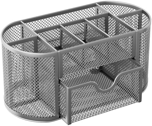 EasyPAG Mesh Pen Holder Desk Organizer with Drawer Stationery Supplies Organizer for Dorm School 9 Compartments Workspace Desk Accessories Organization for Office, Silver - Image 2