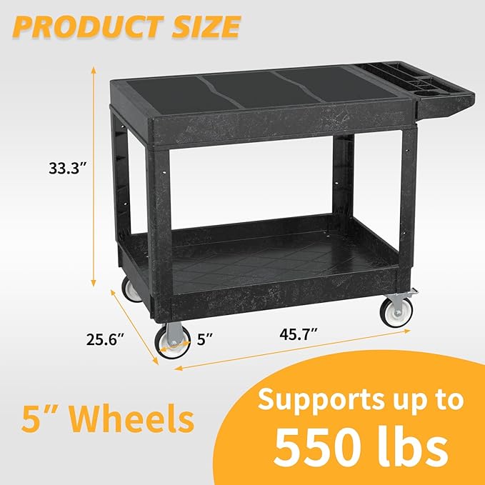 Utility Cart on Wheels, 2 Shelf Heavy Duty Large Flat Top Rolling Cart - Image 2