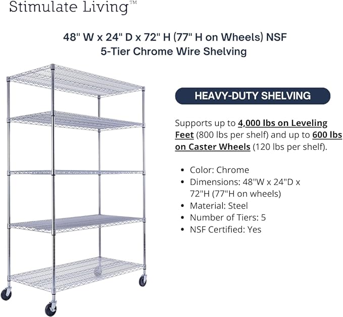 48"x24"x72" Prime Heavy Duty Chrome 5-Tier Steel Wire Shelving NSF 4000 LBS MAX - Image 4