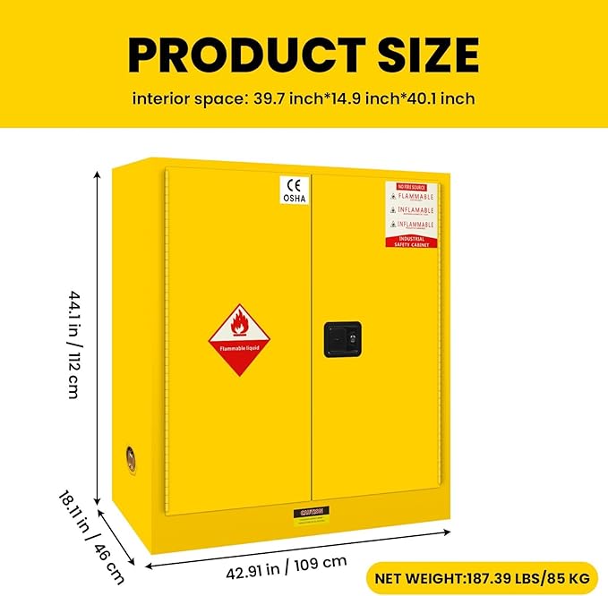 60 Gallon Yellow Flammable Storage Cabinet, Fireproof Steel Chemical Storage - Image 2
