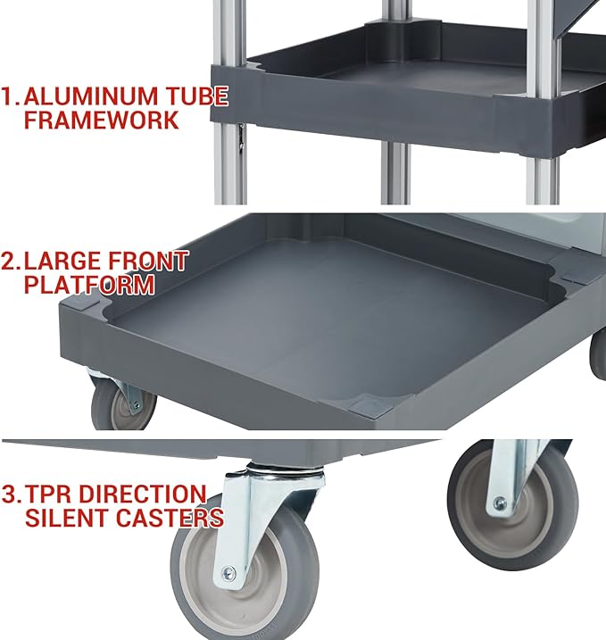 Heavy-Duty Cleaning Cart with Wheels & Shelves, 3-Tier Rolling Service Cart - Image 2