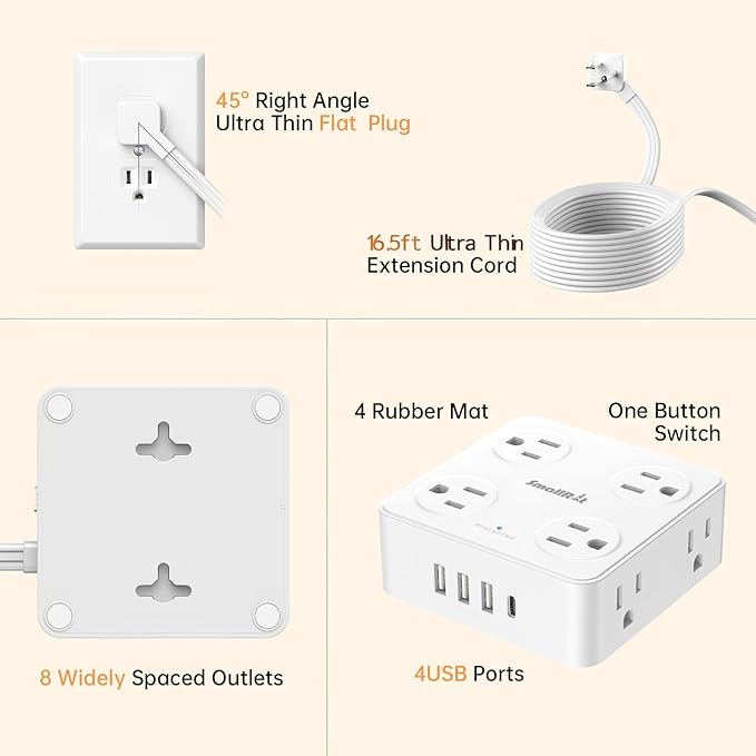 Flat Plug Power Strip with USB C, 6.5FT Flat Extension Cord - Image 7