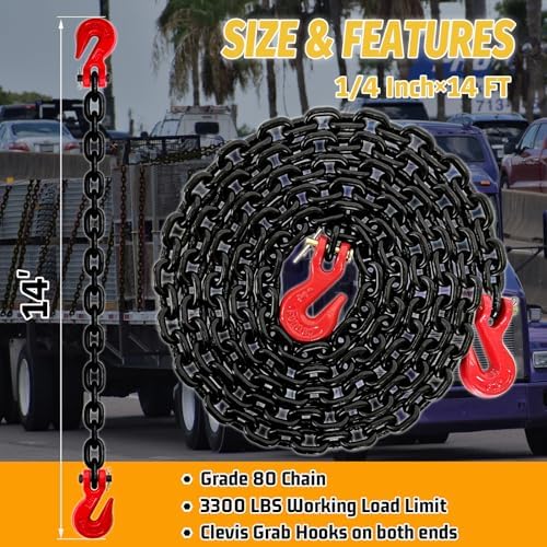 G80 Transport Binder Chain,14FT 1/4“ Trailer Safety Chains with Clevis Grab Hooks,3300 Lbs Safe Working Load Heavy Duty Chain for Transporting,Towing,Logging Tie Down Binding - Image 2