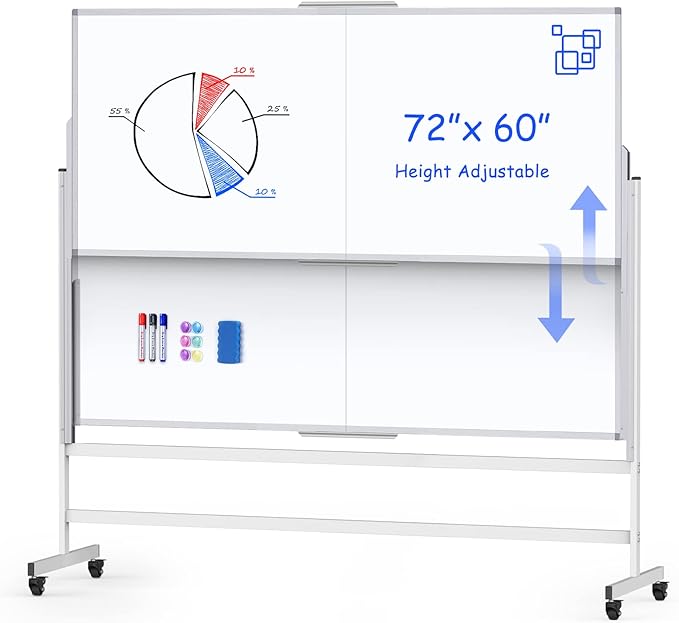 Dry Erase Whiteboard Height Adjustable, 72x60 inches Large Standing Easel White by Maxtek