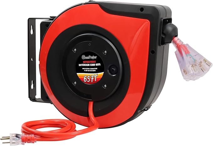 65Ft Heavy Duty Cord Reel, Retractable Extension Cord, 12AWG/3C SJTOW, Lighted by GreenProsper