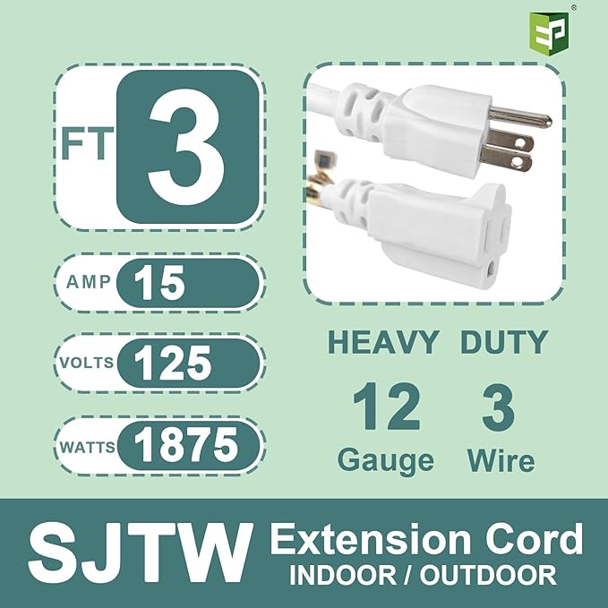 EP 3 Ft Indoor Extension Cord, 12/3 SJTW Heavy Duty Extension Cable - Image 2